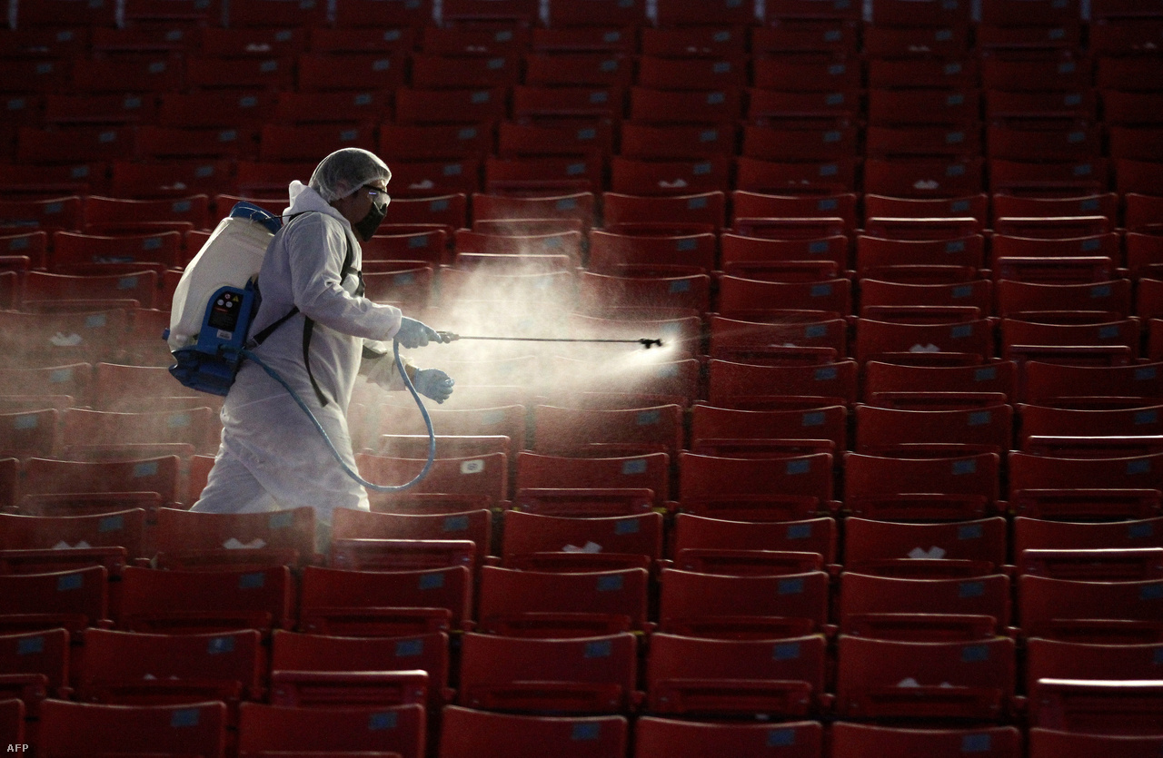 Disinfection is also an important point in protecting against coronavirus.  Pictured is a worker disinfecting the stands at Akron Stadium before the Mexican soccer match between Guadalajara and Nicaxa.