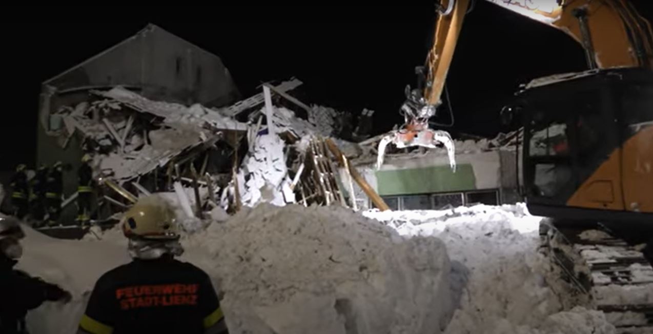A warehouse collapsed under the weight of snow and a motorist was buried in an avalanche while driving in Austria