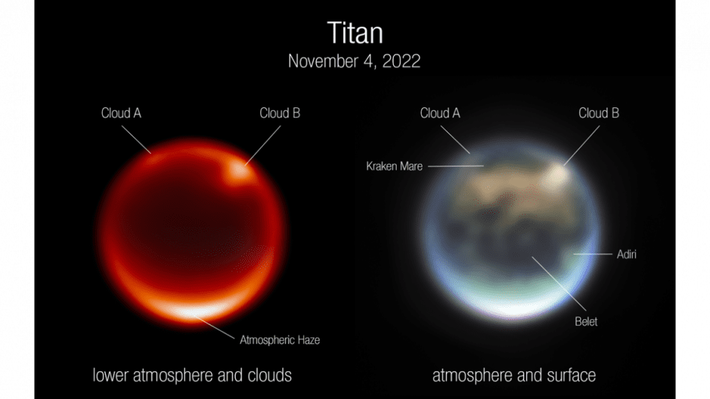 Titan’s clouds were captured by the James Webb Space Telescope